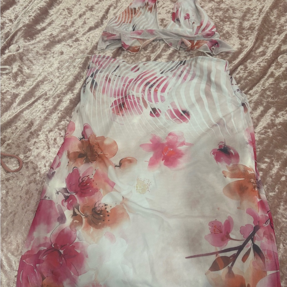 Fashion Nova Floral Halter Dress - Pink and White